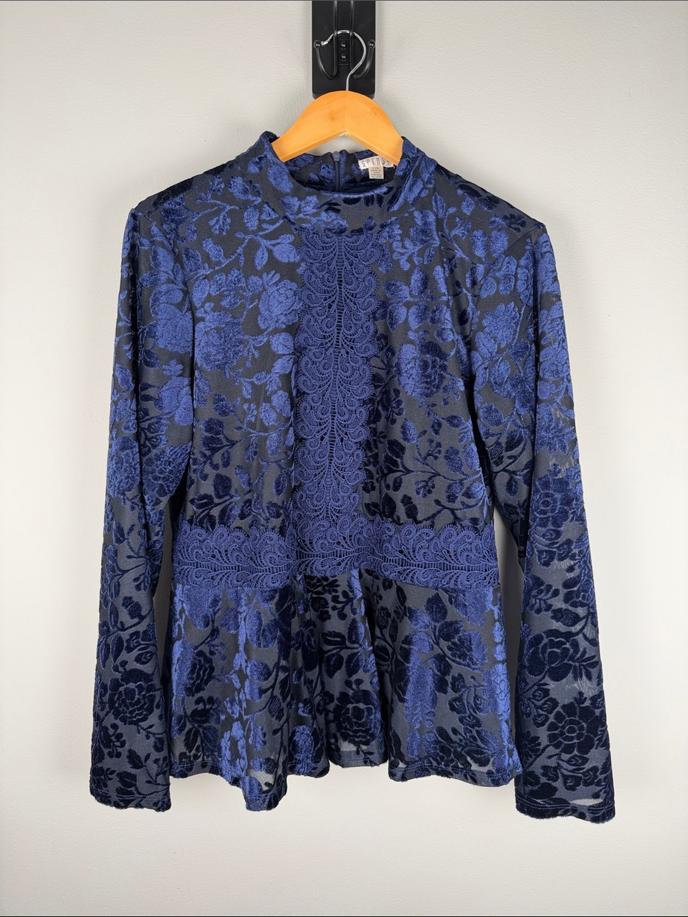 Whimsigoth Witchy Dark Romantic Navy Blue Floral Velvet Burnout Peplum Top